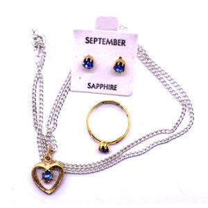 September Birthstone Earring Heart Necklace Adjustable Ring Set A1